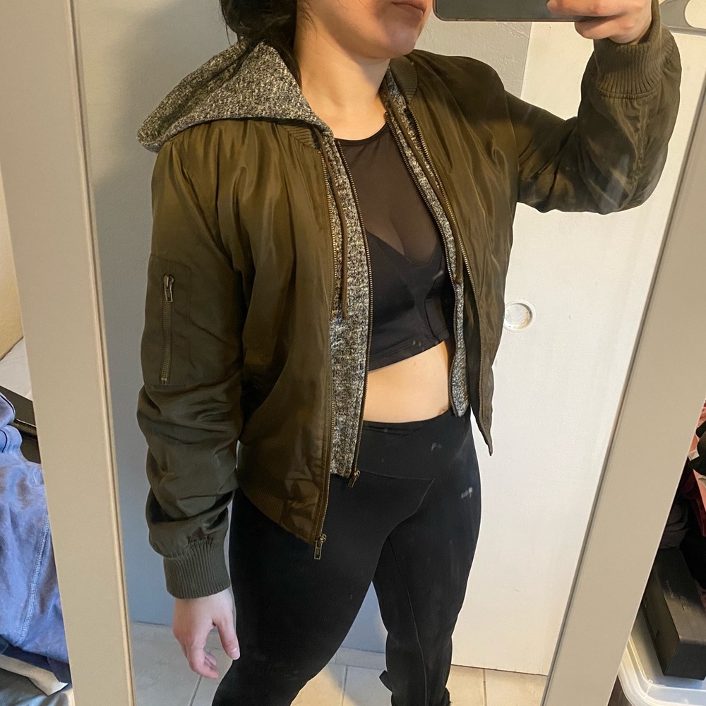 Forever 21 Olive Green Hooded Bomber Jacket